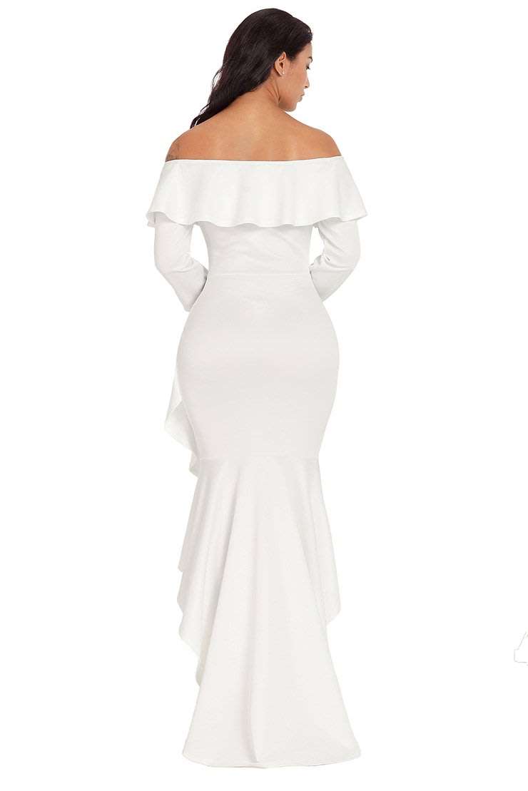 White Off Shoulder Asymmetric Ruffle Formal Maxi Evening Dress - XLarge