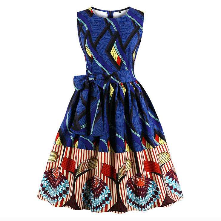 Blue Geometric Print Vintage A-Line Swing Dress - Large