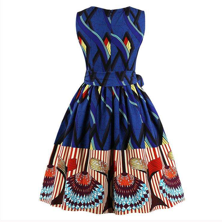 Blue Geometric Print Vintage A-Line Swing Dress - Large