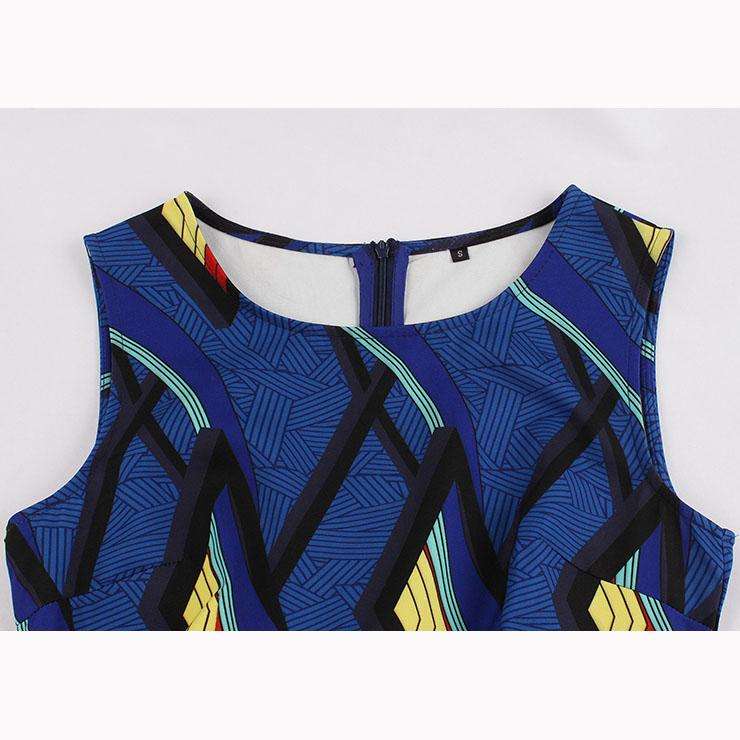 Blue Geometric Print Vintage A-Line Swing Dress - Large