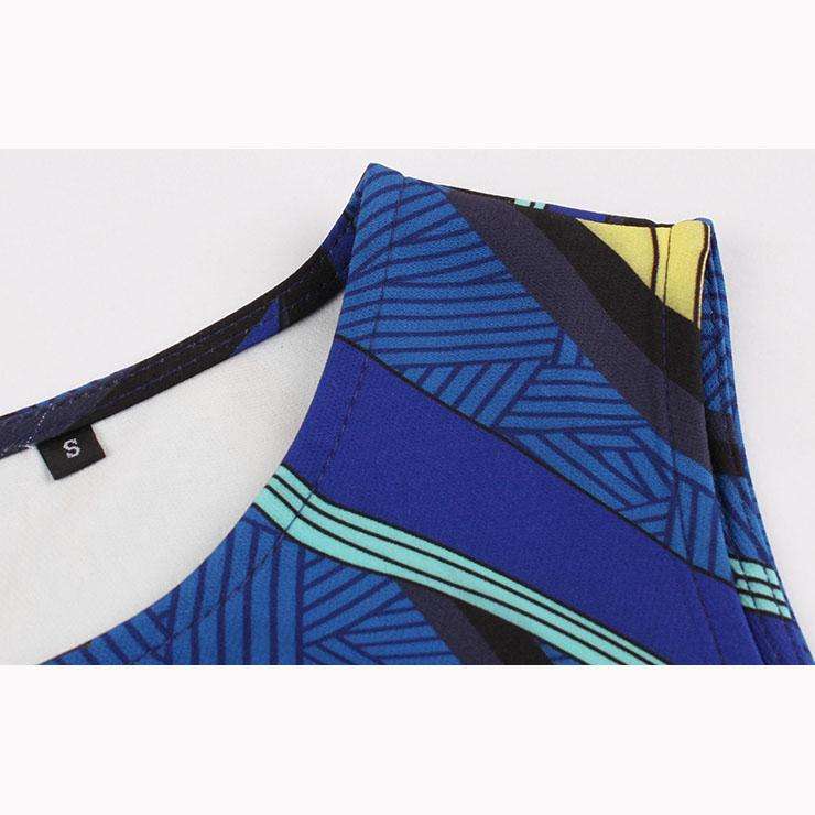 Blue Geometric Print Vintage A-Line Swing Dress - Large