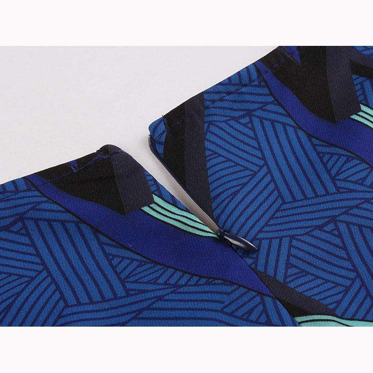 Blue Geometric Print Vintage A-Line Swing Dress - Large