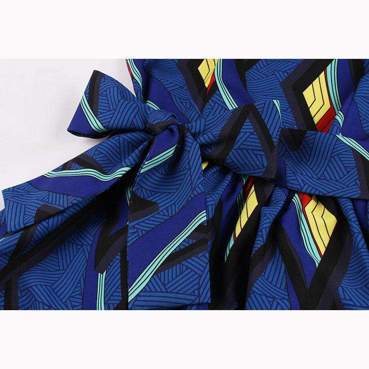 Blue Geometric Print Vintage A-Line Swing Dress - Large