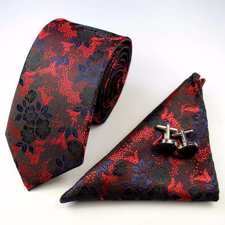 Formal Red And Black Floral Tie Set