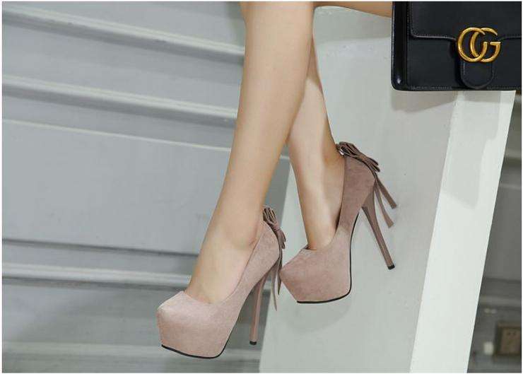 Apricot Suede Bow Detail Stiletto Heel Platform Pumps - Size 38