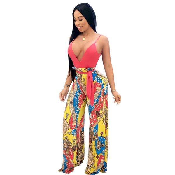 Red Vintage Print Spaghetti Strap Jumpsuit - XLarge