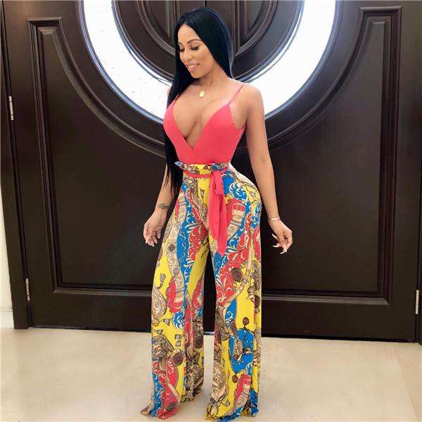 Red Vintage Print Spaghetti Strap Jumpsuit - XLarge