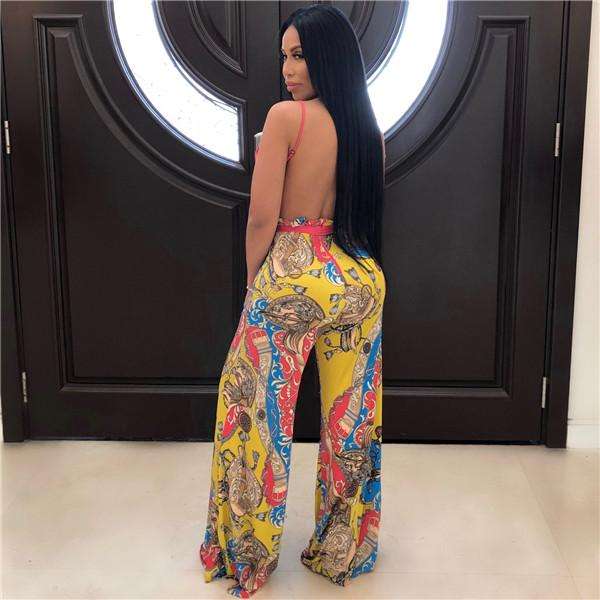 Red Vintage Print Spaghetti Strap Jumpsuit - XLarge