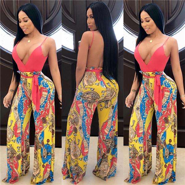 Red Vintage Print Spaghetti Strap Jumpsuit - XLarge