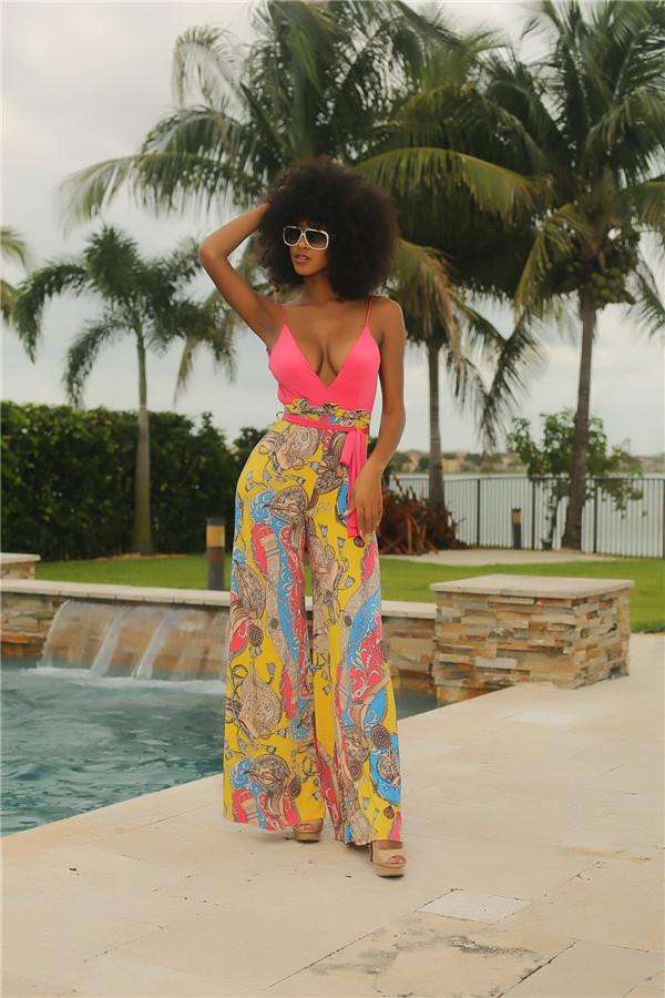 Red Vintage Print Spaghetti Strap Jumpsuit - XLarge