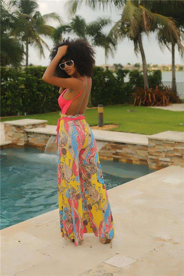 Red Vintage Print Spaghetti Strap Jumpsuit - XLarge