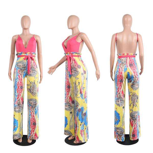 Red Vintage Print Spaghetti Strap Jumpsuit - XLarge