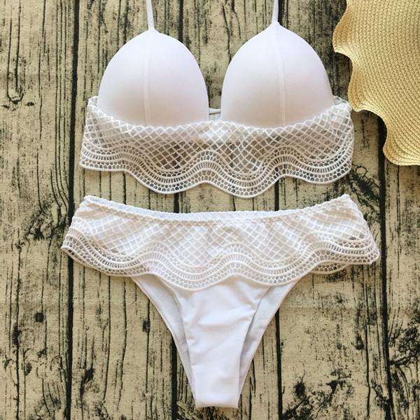 White Crochet Halter Push Up Bikini - S
