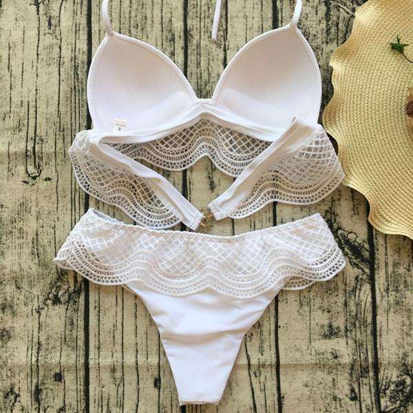 White Crochet Halter Push Up Bikini - S