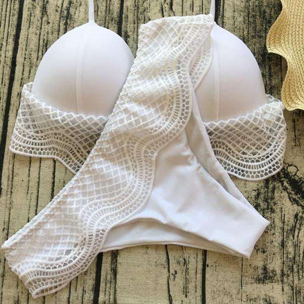 White Crochet Halter Push Up Bikini - S