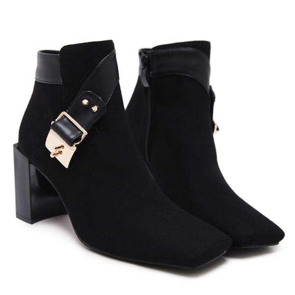 Black Square Toe Faux Suede Block Heel Boots - 36