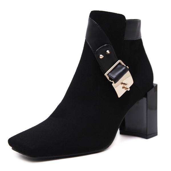 Black Square Toe Faux Suede Block Heel Boots - 36