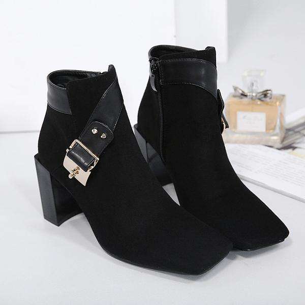 Black Square Toe Faux Suede Block Heel Boots - 36
