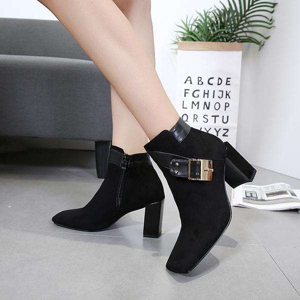 Black Square Toe Faux Suede Block Heel Boots - 36