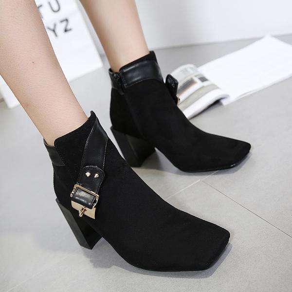Black Square Toe Faux Suede Block Heel Boots - 36