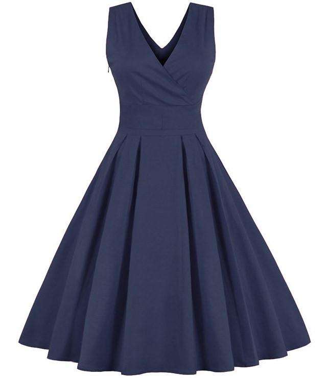 Blue Vintage Pleated 50s Style Swing Dress - L