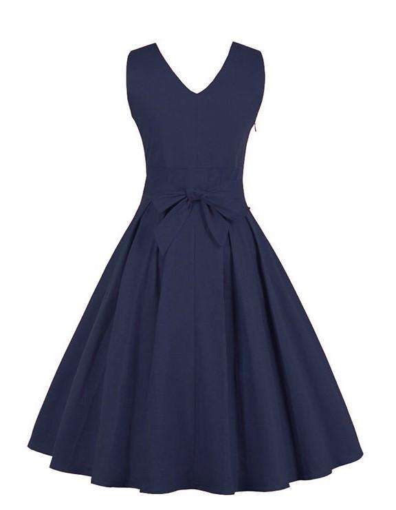 Blue Vintage Pleated 50s Style Swing Dress - L