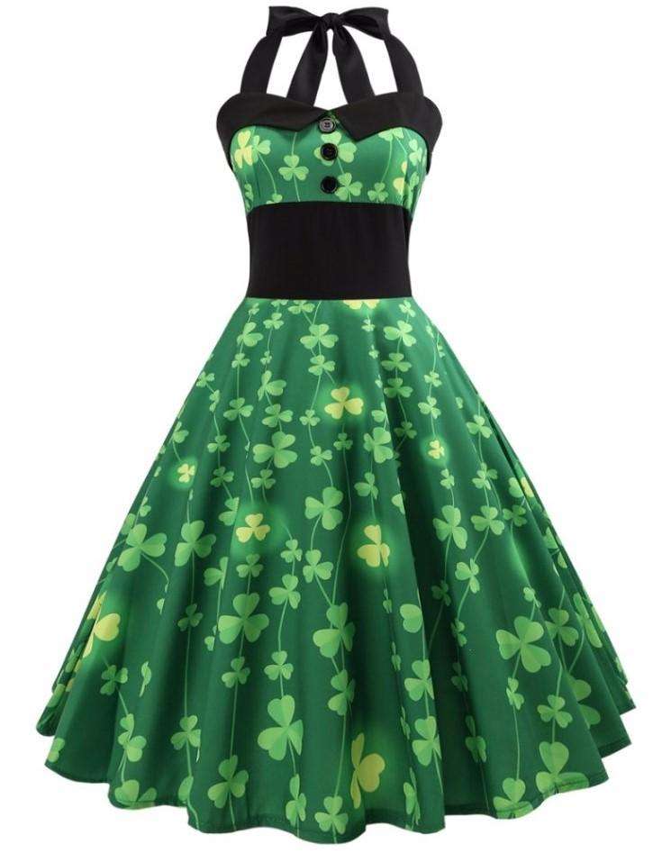 Green Vintage Pin Up Clover Print Halter Neck Dress - S