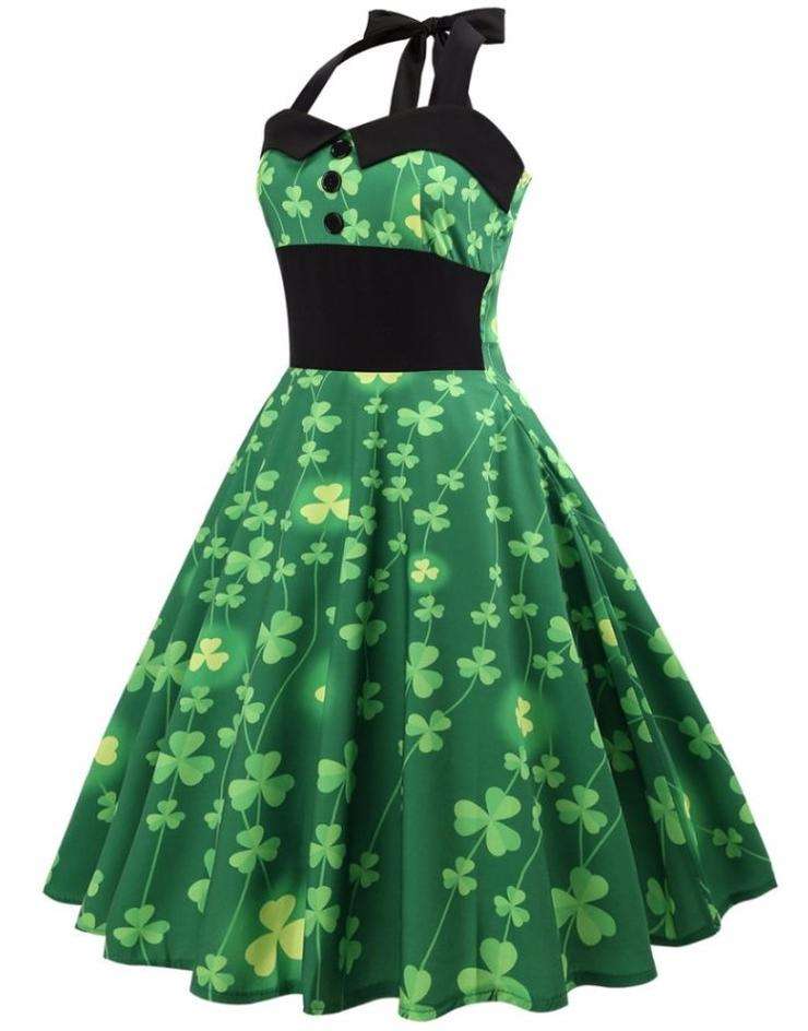 Green Vintage Pin Up Clover Print Halter Neck Dress - S
