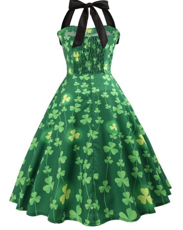 Green Vintage Pin Up Clover Print Halter Neck Dress - S