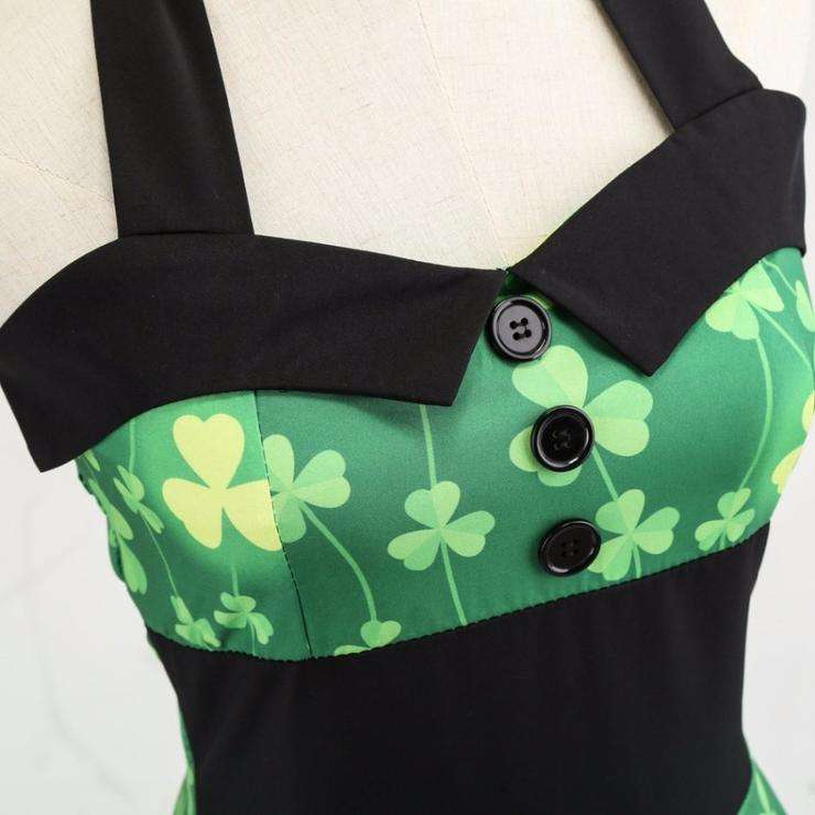 Green Vintage Pin Up Clover Print Halter Neck Dress - S