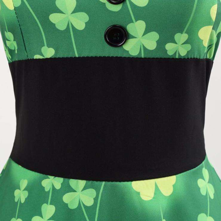 Green Vintage Pin Up Clover Print Halter Neck Dress - S