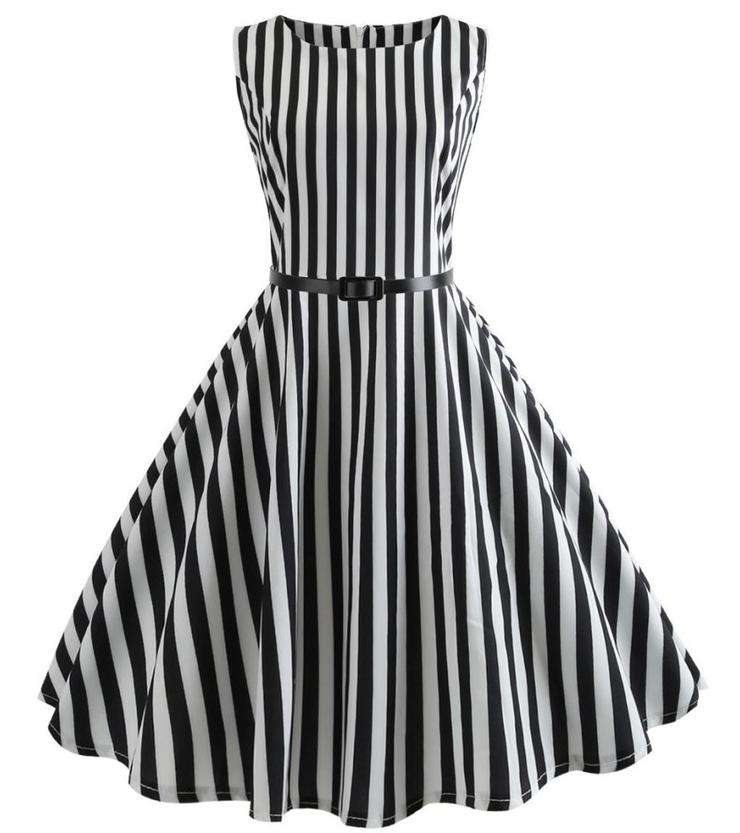 Black White Striped A-Line Vintage Fit-and Flare Dress - L