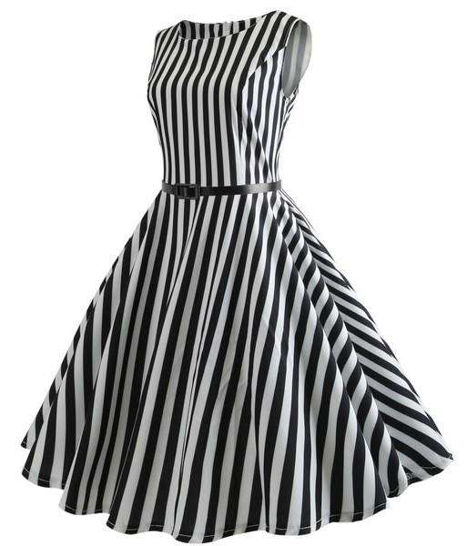 Black White Striped A-Line Vintage Fit-and Flare Dress - L