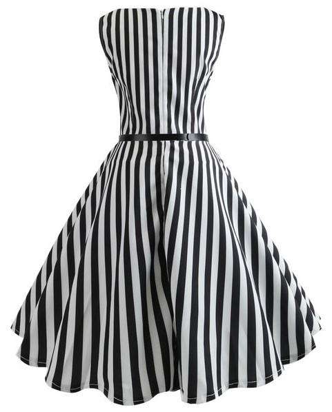 Black White Striped A-Line Vintage Fit-and Flare Dress - L