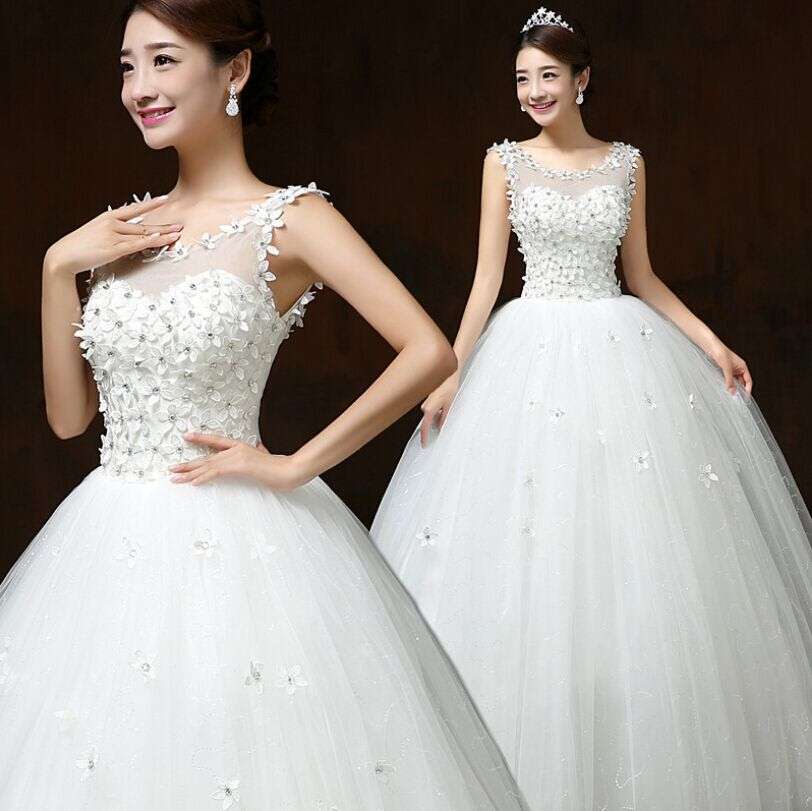 White Beaded Princess Wedding Dress - S