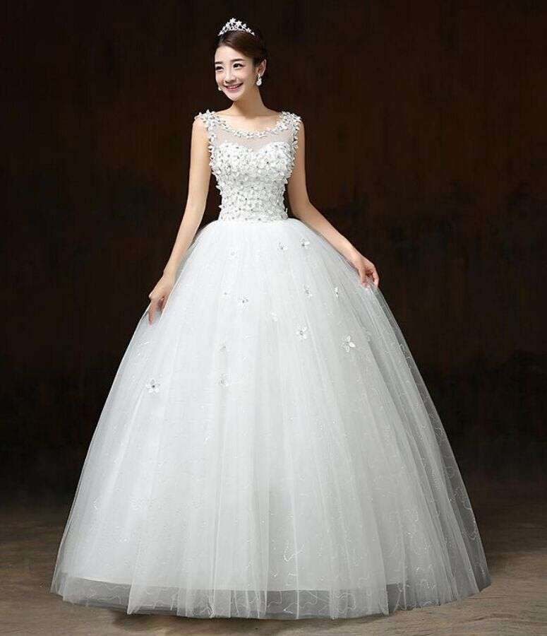 White Beaded Princess Wedding Dress - S