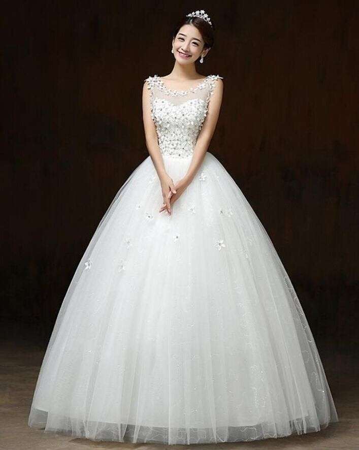 White Beaded Princess Wedding Dress - S
