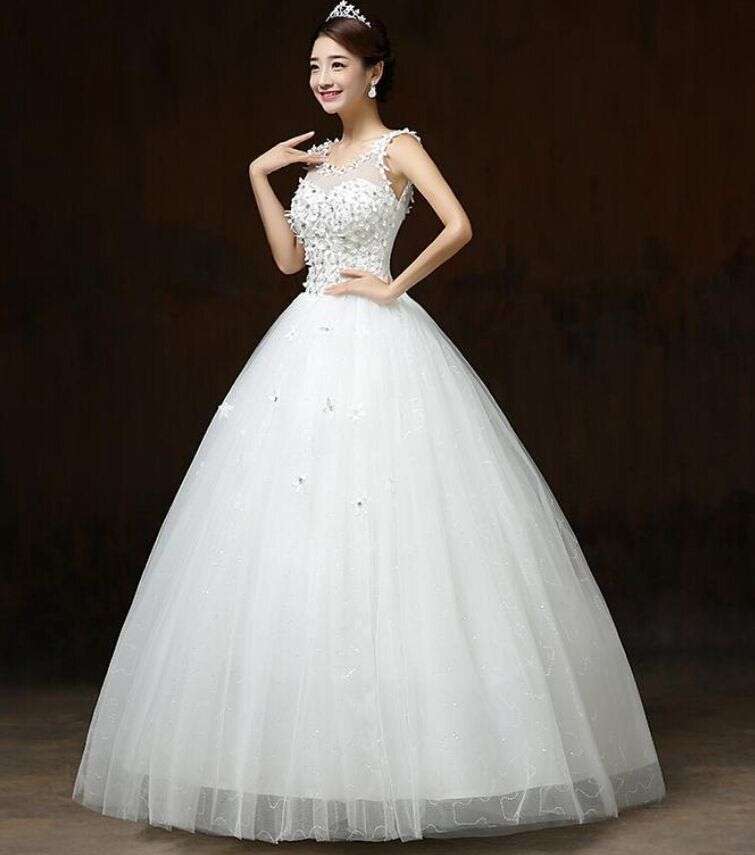 White Beaded Princess Wedding Dress - S