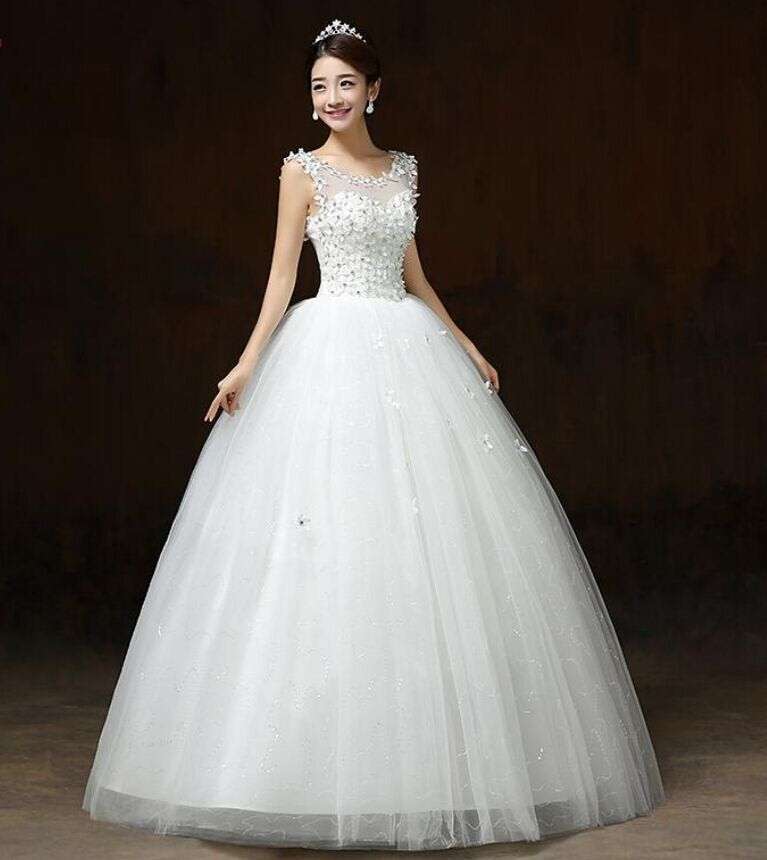 White Beaded Princess Wedding Dress - S