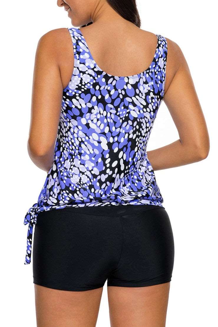 Blue Dewdrop Print Blouson Tankini Swimsuit - L