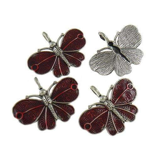 Pendants, Antique Silver Red Enamel Butterfly Pendants, 41mm (Loose)