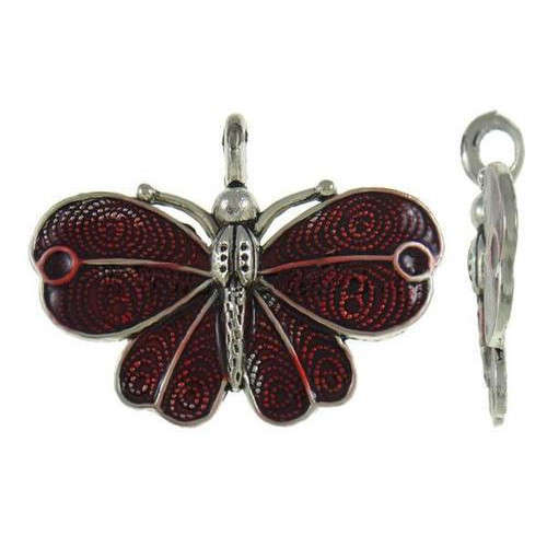 Pendants, Antique Silver Red Enamel Butterfly Pendants, 41mm (Loose)