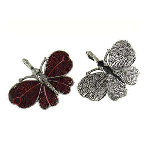 Pendants, Antique Silver Red Enamel Butterfly Pendants, 41mm (Loose)