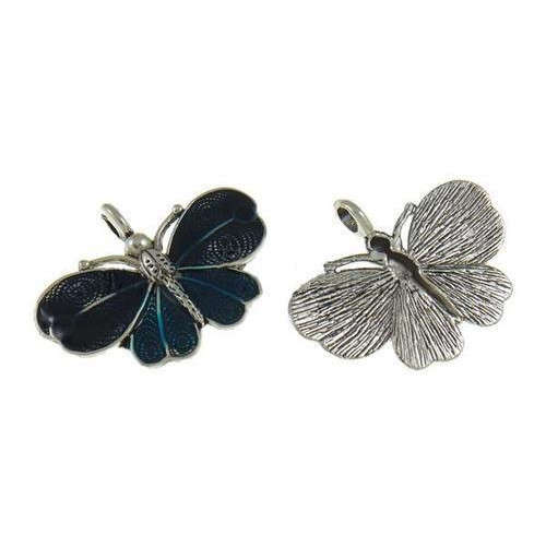 Pendants, Antique Silver Turquoise Enamel Butterfly Pendants, 41mm (Loose)