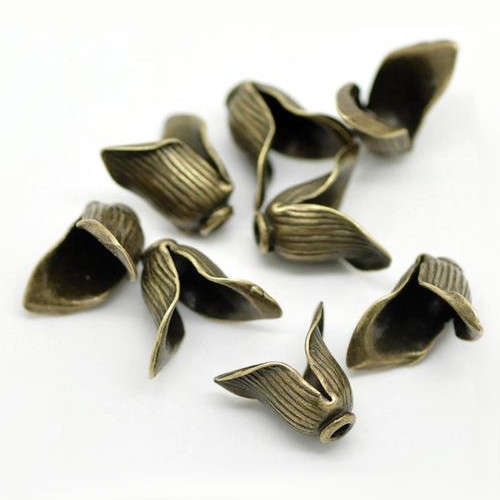 Bead Caps, Antique Bronze, Two Petal, Lily Flower, 12mm (2Pcs)