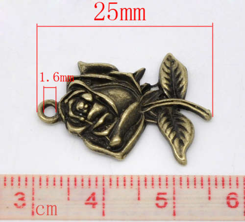 Charms, Antique Bronze Rose Flower Charms, 25mm (2Pcs)