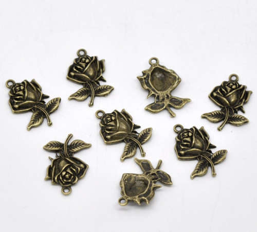 Charms, Antique Bronze Rose Flower Charms, 25mm (2Pcs)
