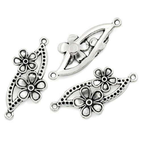 Findings, Connectors, Antiqued Silver Floral Connector Links With Chaton Settings, 3.7cm (Loose)