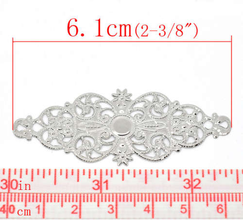 Findings, Connectors, Silver Filigree Floral Link Connectors With Cabochon Setting, 6.1cm (Loose)