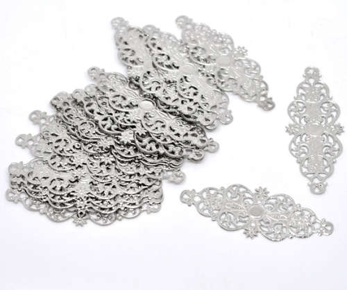 Findings, Connectors, Silver Filigree Floral Link Connectors With Cabochon Setting, 6.1cm (Loose)